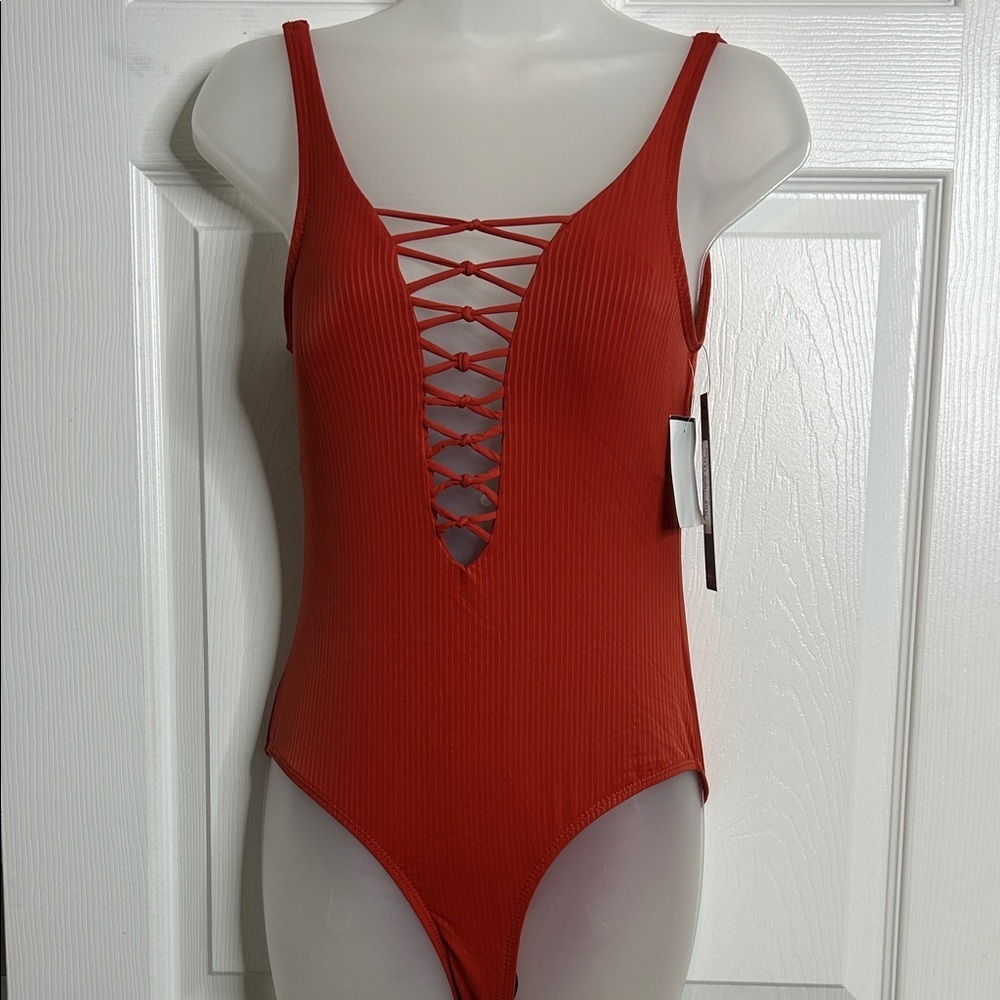 Nicole Miller Dark Orange One Piece Ribbed Lace Up Swimsuit M